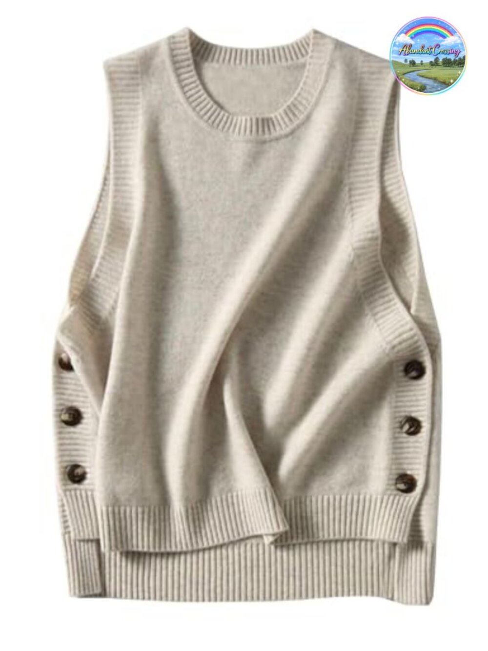 Sleeveless Ribbed Knit Sweater Vest Button Side Round Neck Pullover
